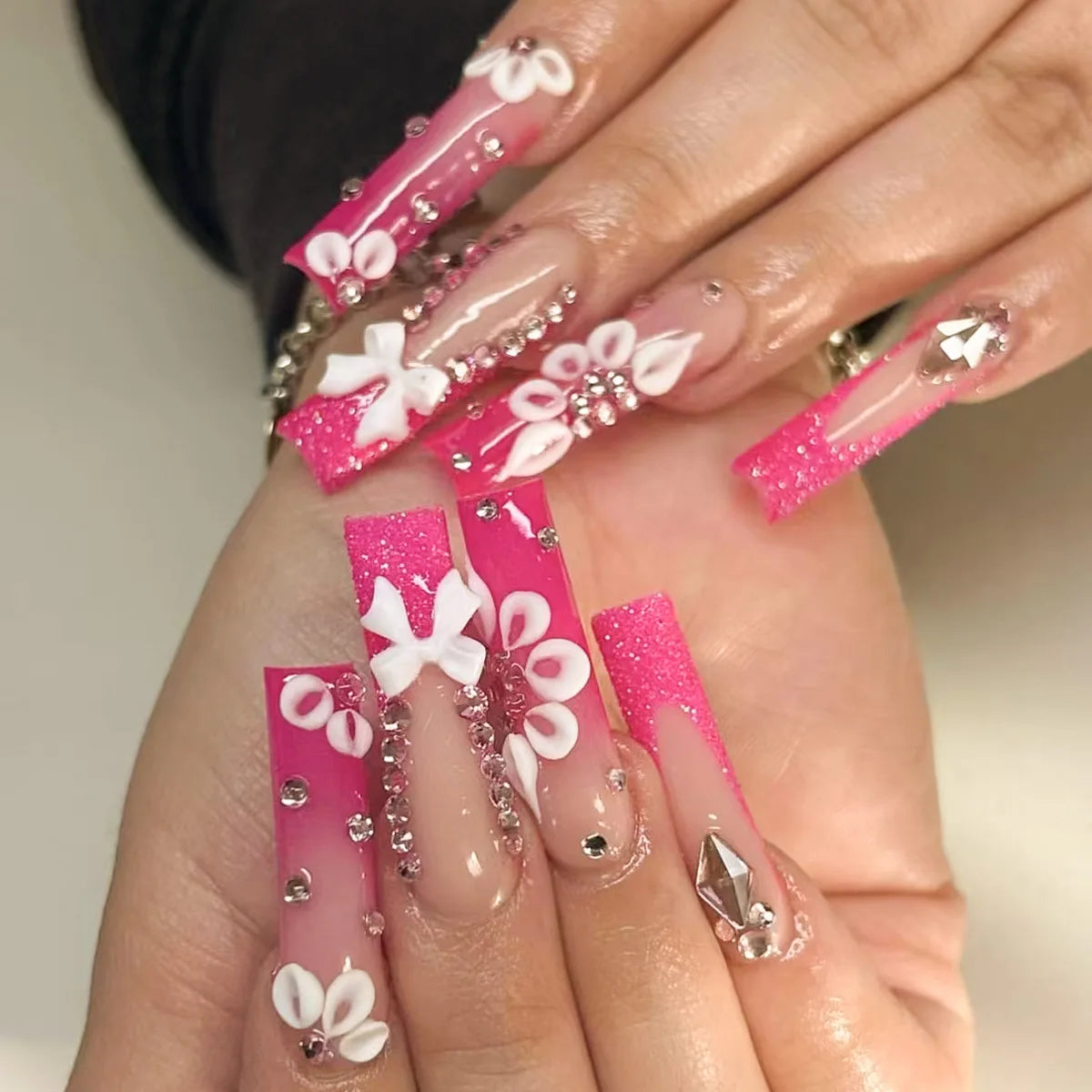 24Pcs Long Ballet False Nails Pink Butterfly with Rhinestones French Design Wearable Fake Nails Glitter Press on Nails Tips Art