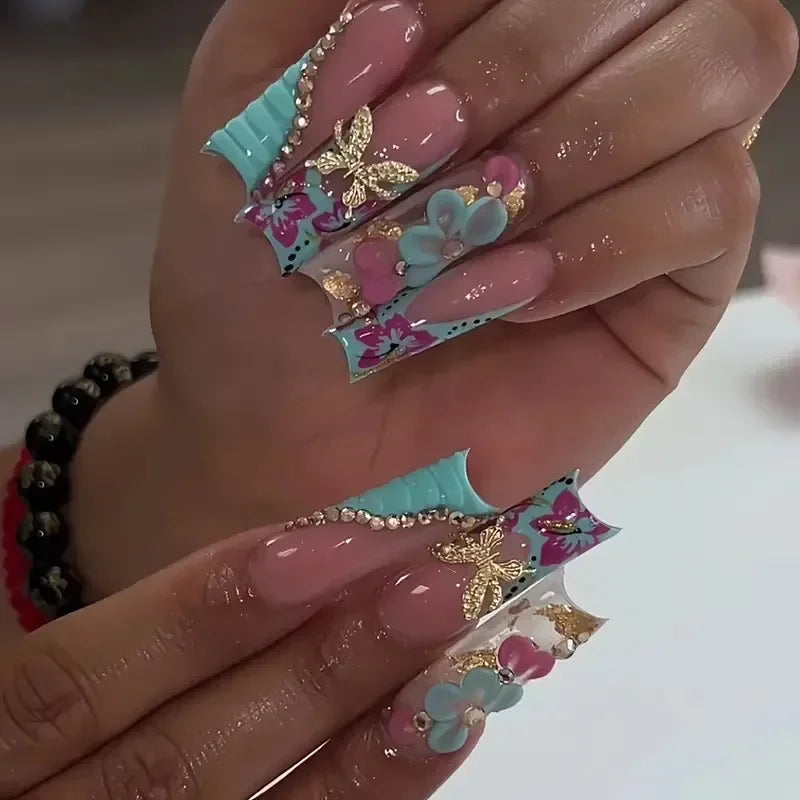 24Pcs Long Ballerina False Nails Press on Nails Serpentine Flower with Rhinestones French Fake Nails Wearable White Nail Tips