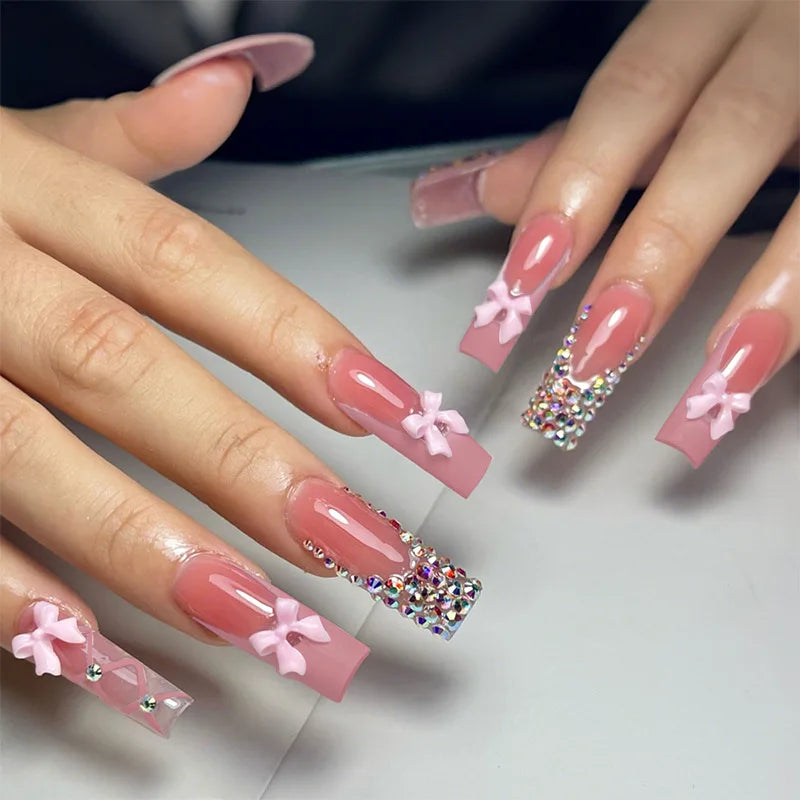 24Pcs Long Ballet False Nails Pink Butterfly with Rhinestones French Design Wearable Fake Nails Glitter Press on Nails Tips Art