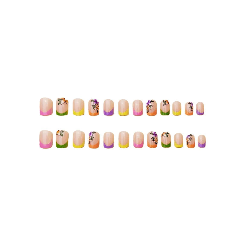 24pcs Short Square Press On Nails With Flower Design French Tip Fake Nails Spring Summer Full Cover False Nails For Women Girls