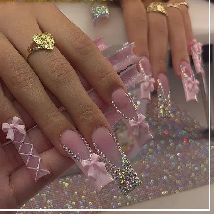 24Pcs Long Ballerina False Nails Press on Nails Serpentine Flower with Rhinestones French Fake Nails Wearable White Nail Tips