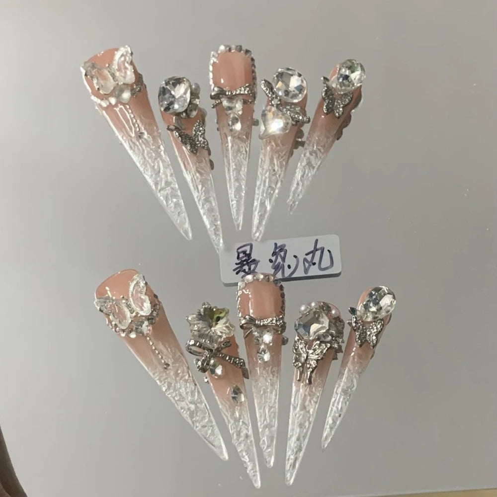3D Punk Metal Gothic Press On Nail Art Hello Kitty Stiletto Black White Simple Camellia Design Rhinestone Nails Sticker Girls