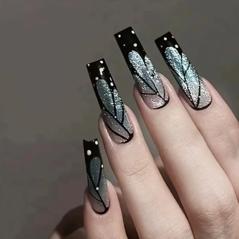24Pcs Long Ballet False Nails Pink Butterfly with Rhinestones French Design Wearable Fake Nails Glitter Press on Nails Tips Art