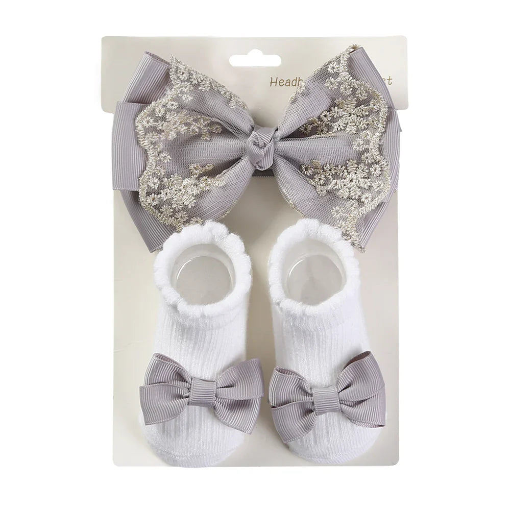 3Pcs/Set Leg Ruffled Cotton Socks Baby Girls  Kids Clothing with Lacework Toddlers Cotton Hair Ribbon Bows Sock Elastic Hairband