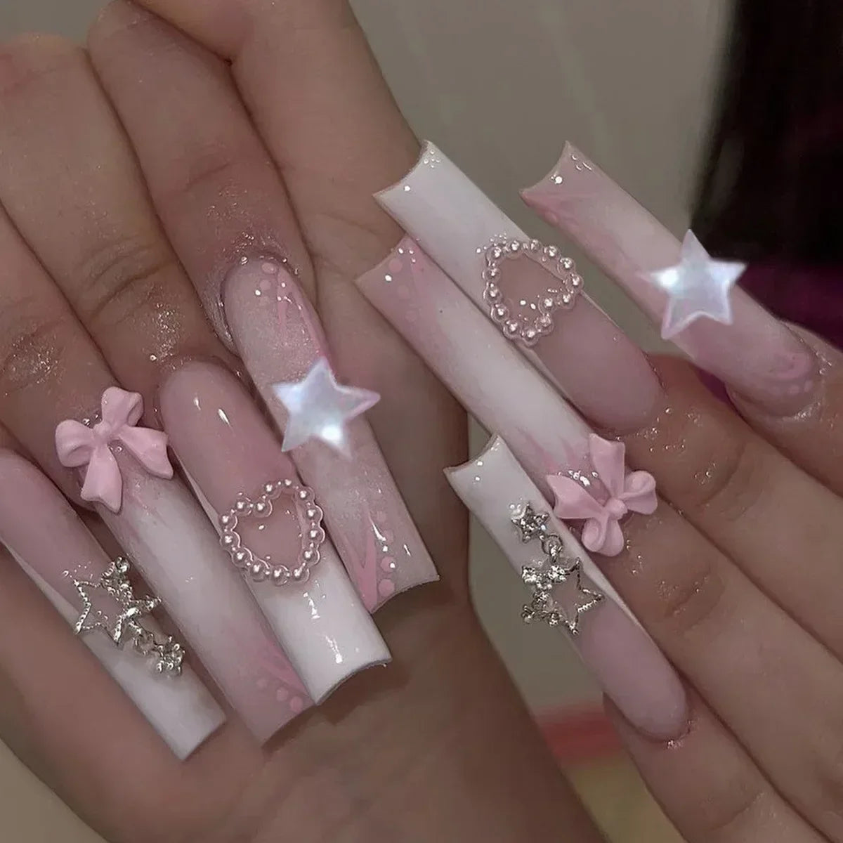 24Pcs Long Ballet False Nails Pink Butterfly with Rhinestones French Design Wearable Fake Nails Glitter Press on Nails Tips Art