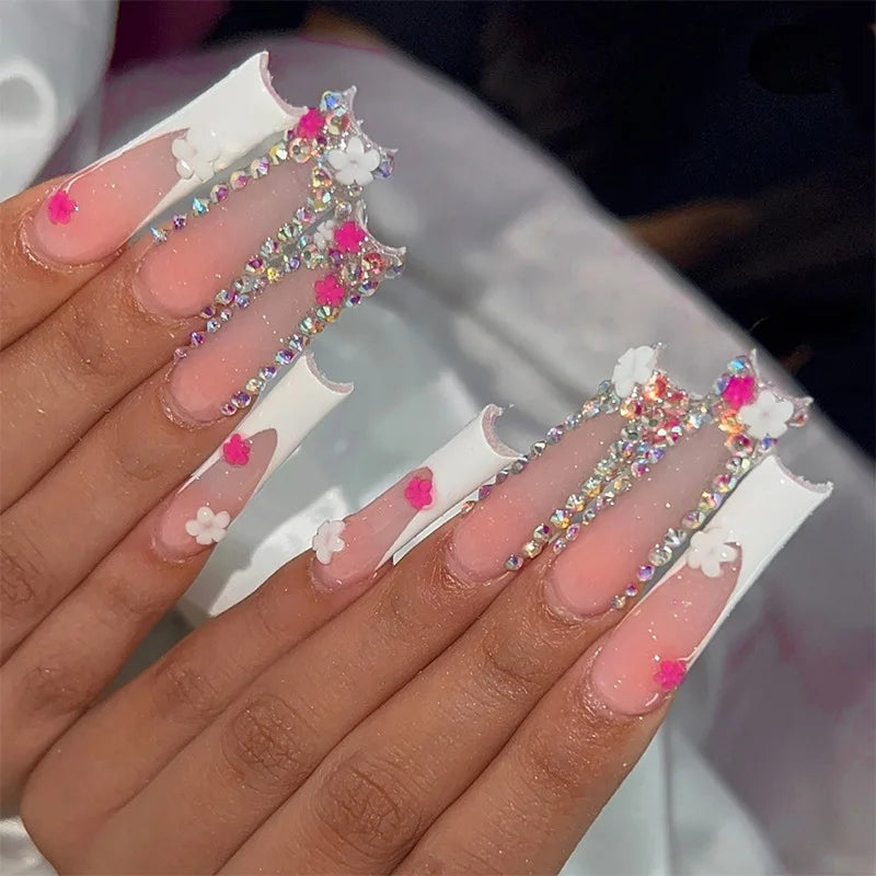 24Pcs Long Ballet False Nails Pink Butterfly with Rhinestones French Design Wearable Fake Nails Glitter Press on Nails Tips Art