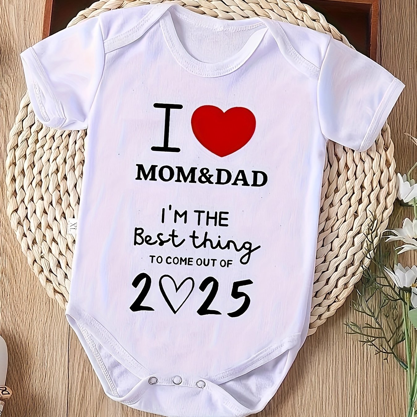 'I Love Mom & Dad' Printed Baby Bodysuit - Soft Polyester Short-Sleeve Romper for Newborns, Summer Casual Gift with Heart & Text Design, Casual Baby Wear|Affectionate Babywear|Easy Dressing Infantwear, Baby Clothes,